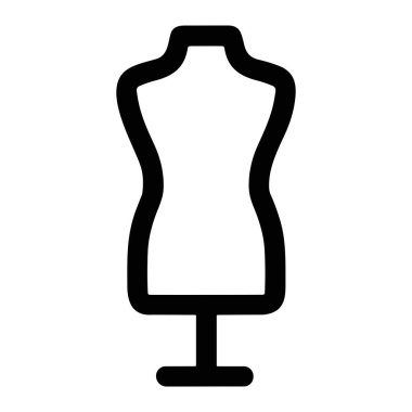 A minimalist line art icon of a female dress form or mannequin torso on a stand. Isolated on a white background, this symbol represents fashion, sewing, and clothing design.