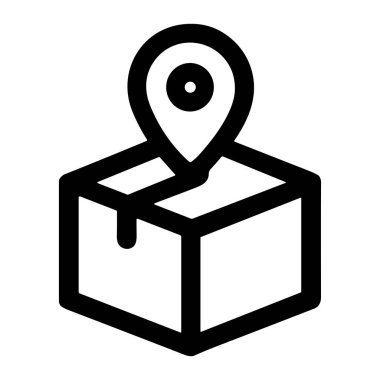A minimalist black line icon of a package with a map pin, symbolizing delivery tracking, shipping address, logistics, and e-commerce order location.