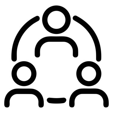 Takım çalışması, topluluk, iletişim ve sosyal ağı sembolize eden, birbirine bağlı üç figürü gösteren basit bir siyah çizgi simgesi. Beyaz bir arkaplanda izole edilmiş.