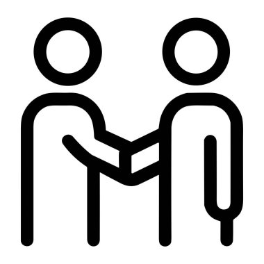 İki soyut figürün el sıkışmasını gösteren minimalist bir siyah beyaz vektör simgesi. Bu sembol ortaklığı, işbirliğini, anlaşmaları, selamları ve profesyonel ilişkileri temsil eder..