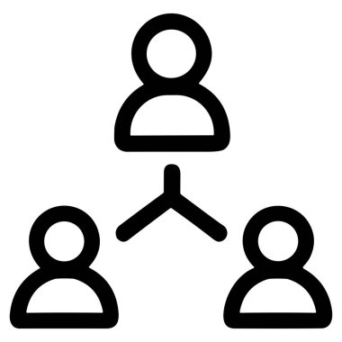 A clean black and white icon depicting a hierarchical structure with one person connected to two others, symbolizing leadership, teamwork, and social networking.