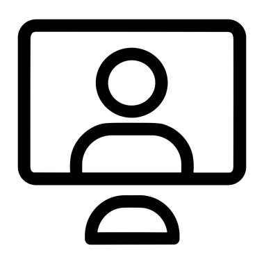 Basit, minimalist siyah beyaz çizgi simgesi dikdörtgen bir çerçeve içinde bir video çağrısı, kullanıcı profili veya çevrimiçi toplantı simgesi.