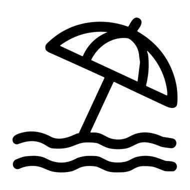 Denizde duran bir plaj şemsiyesini gösteren minimalist bir sanat simgesi. Tatil, yaz, seyahat ve rahatlama kavramları için basit bir vektör grafik sembolü.