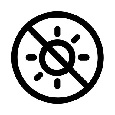 A simple black and white line icon depicting a sun crossed out within a circle. This symbol represents a warning to avoid direct sunlight or sun exposure.