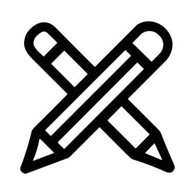 A minimalist graphic of two pencils crossed in an X formation. This black and white line icon symbolizes creativity, education, writing, drawing, or a mark for correction.