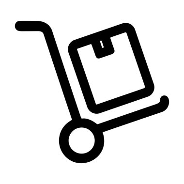 Minimalist siyah çizgili bir el arabası ya da tek paket taşıyan bir bebek resmi. Bu basit grafik lojistik, nakliye, teslimat ve taşıma hizmetlerini sembolize eder.