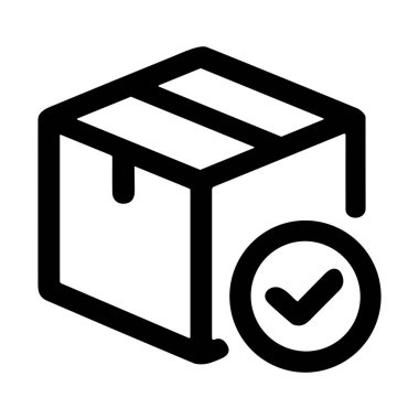 A simple line art icon representing a successfully delivered or verified package. It features a box next to a circle containing a checkmark, symbolizing completion and approval.