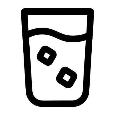 Bir bardak su ya da içinde iki buz bulunan bir içecek tasvir eden minimalist bir siyah beyaz vektör ikonu. Web ve uygulama tasarımı için basit satır sanatı biçimi.