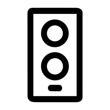 Bir stereo ses hoparlörünün minimalist siyah beyaz vektör grafiği. Bu basit taslak simgesi ses donanımı, müzik, hacim ve eğlence teknolojisini temsil eder.