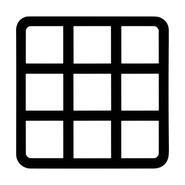 Üçe üç bir ızgaraya bölünmüş bir kareye sahip minimalist siyah beyaz bir simge. Çizgiler kalın ve dış köşeler yuvarlak, beyaz bir arka planda izole edilmiş..