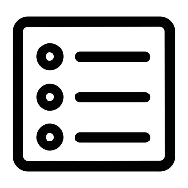 Basit bir siyah-beyaz çizgi simgesi, maddeler içeren bir liste çiziyor. Web siteleri ve uygulamalardaki menüler, kontrol listeleri, görevler veya navigasyon gibi UI ögeleri için ideal.
