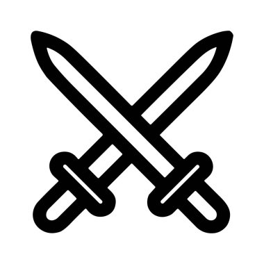 A minimalist icon of two crossed swords or daggers. This simple black line art symbol represents battle, conflict, war, fighting, or a duel. Isolated on a white background.
