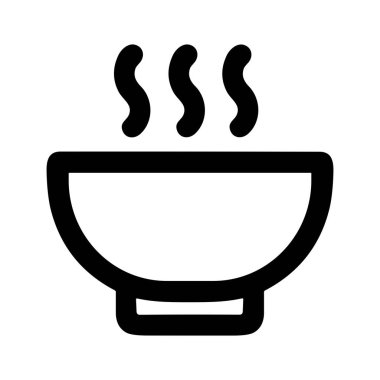 Bir minimalist vektör grafik ikonu, beyaz arka planda sıcak yemek, çorba ya da sıcak yemeği simgeleyen üç dalgalı buhar çizgisi olan bir kase gösteriyor..
