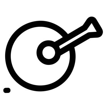 A minimalist black and white line icon representing a banjo or a similar stringed musical instrument. This simple vector graphic is isolated on a white background, perfect for web and app design.