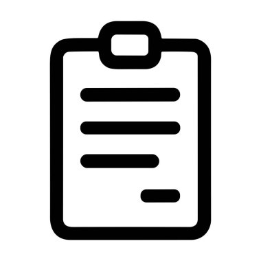 A simple black line art icon of a clipboard holding a document with text lines. Isolated on a white background, this vector graphic represents tasks, lists, and reports.