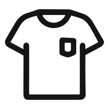 A minimalist black outline icon of a short-sleeved t-shirt with a pocket. This simple vector graphic is isolated on a white background, perfect for web and app design.