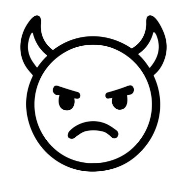 Sivri boynuzları olan, dairesel bir yüz, kızgın eğimli kaşlar ve şeytan ya da şeytan emojisini temsil eden somurtkan bir ağız gösteren minimalist bir siyah beyaz vektör ikonu..
