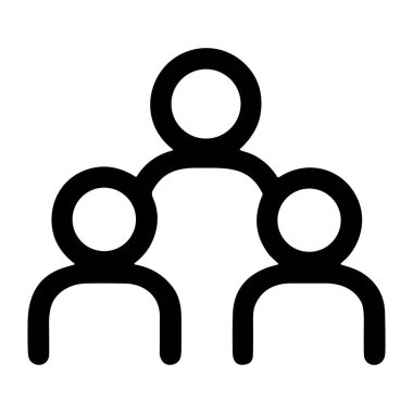 Bir hiyerarşik yapıya bağlı üç soyut insan figürünü gösteren minimalist siyah beyaz bir simge. Takım çalışması, organizasyon ve topluluğu sembolize eder.