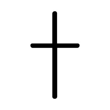 Bir minimalist siyah Latin haçı, Hıristiyanlığın merkezi bir sembolü, temiz çizgilerle tasvir edilmiş ve yuvarlak uçlu beyaz bir arka planda..