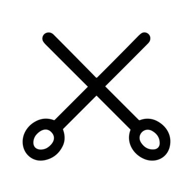 Kesme pozisyonunda açılmış bir makasın minimalist siyah çizgi simgesi. Bu basit grafik budamayı, el sanatlarını, kuaförlüğü veya montajı temsil eder..