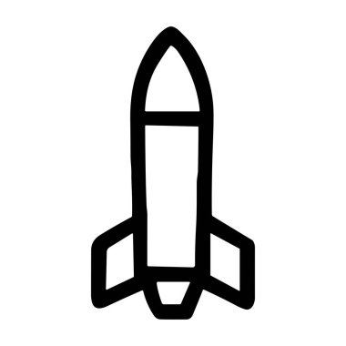 Bir roket ya da uzay gemisini tasvir eden basit ve temiz bir siyah çizgi sanat simgesi. Bu minimalist vektör grafiği beyaz bir arkaplanda izole edilmiştir, bilim veya teknoloji temaları için mükemmeldir..