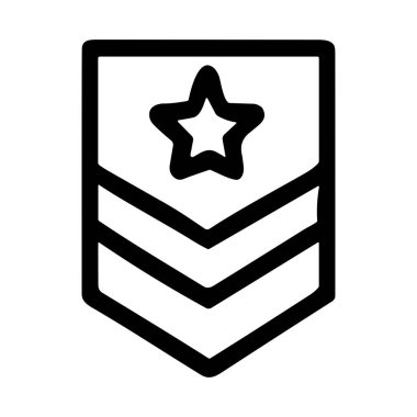 Askeri bir rütbeyi ya da başarıyı temsil eden basit bir siyah beyaz taslak ikonu. Beyaz arka planda izole edilmiş, kalkan benzeri bir rozette iki sembolün üzerinde bir yıldız var..