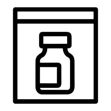 Mühürlü plastik bir torba içinde küçük bir ilaç şişesi ya da boş etiketli bir şişe tasvir eden basit bir siyah çizgi simgesi. Tıbbi örnekler, kanıtlar veya reçeteler sunar..