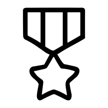 Kurdeleye asılı bir yıldız madalyasının minimalist siyah taslak ikonu. Bu grafik, beyaz bir arka planda izole edilmiş zafer, onur, başarı ve askerlik hizmetini temsil ediyor..