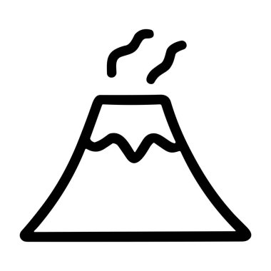 Kraterinden yükselen dumanla aktif bir volkanı tasvir eden minimalist siyah bir taslak ikonu. Beyaz arka planda izole edilmiş jeoloji, felaket veya doğa temaları için basit bir vektör illüstrasyonu.