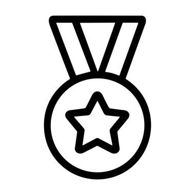 Birincilik ödülünün minimalist vektör grafiği. İkonda, ortasında bir yıldız bulunan, başarıyı ve onuru simgeleyen, bir kurdeleye asılı dairesel bir şekil yer alıyor..
