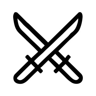 İki çapraz Japon katana kılıcını tasvir eden basit bir siyah beyaz çizgi sanat ikonu. Bu minimalist grafik dövüşü, savaşı, düelloyu ve dövüş sanatlarını temsil ediyor..