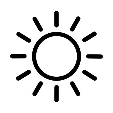 Temiz beyaz bir arkaplan üzerine siyah çizgili minimalist bir güneş ikonu. Grafik, güneş ışınlarını temsil eden, sıcaklığı ve ışığı sembolize eden merkezi çizgiler içeriyor..