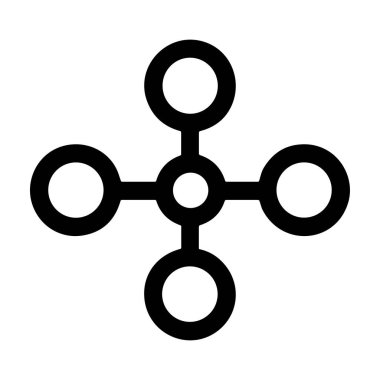 Merkezdeki bir noktayı ya da çevredeki dört daireye bağlı olan bir merkezi tasvir eden bir minimalist siyah beyaz çizgi ikonu. Bu sembol ağ, bağlantı, sistem veya veri gibi kavramları temsil eder.