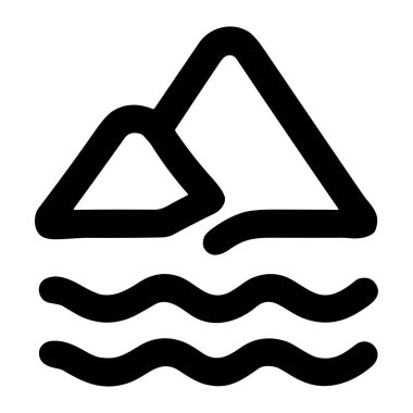 Dağların ve dalgaların basit bir simgesi. Bu minimalist grafik, gölü ya da denizi olan doğal bir manzarayı temsil ediyor. Seyahat, doğa ya da açık hava temaları için ideal.
