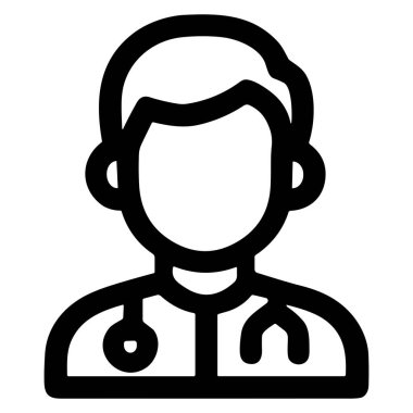 Tıbbi bir profesyoneli temsil eden minimalist bir siyah beyaz vektör ikonu. Grafikler steteskoplu bir erkek doktor ya da doktoru gösteriyor, sağlık ve tıbbi temalar için uygun..
