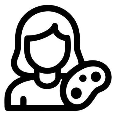 Renk paleti tutan bir kadın ressamın ya da ressamın minimalist siyah bir taslak ikonu. Bu basit grafik yaratıcılık, sanat, tasarım ve sanatsal meslekleri temsil eder..