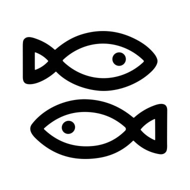 Balık burcunun astrolojik sembolünü tasvir eden minimalist siyah beyaz bir ikon. Beyaz bir arka planda, zıt yönlere bakan iki stilize balık görülüyor..