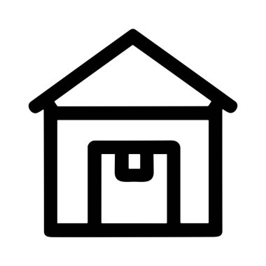 Karton bir kutu içeren basit bir depo ya da depolama tesisi simgesi. Lojistik, nakliye, envanter ve teslimat hizmetlerini temsil eder.