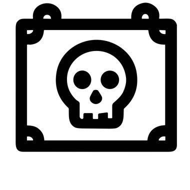 Tarzlı bir kafatasının yer aldığı basit bir siyah beyaz çizgi sanat ikonu. Kafatası, yuvarlak köşeli ve asılı halkalar ile dikdörtgen bir çerçeve içinde, tehlike veya ölümü temsil ediyor..