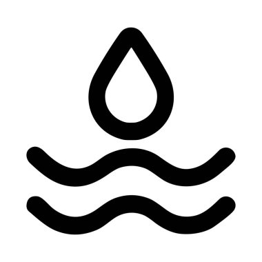 Suyu ya da denizi temsil eden iki yatay dalgalı çizginin üzerinde asılı duran tek bir su damlası bulunan minimalist siyah çizgi sanat ikonu. Beyaz bir arkaplanda izole edilmiş.