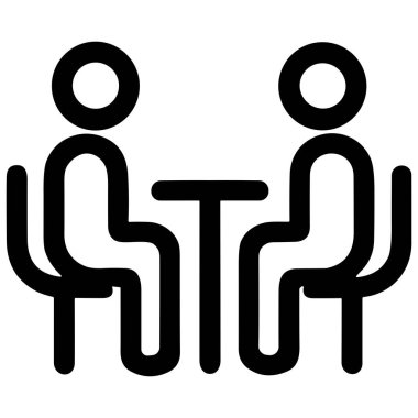 Bir masada karşılıklı oturan iki figürü gösteren basit bir siyah çizgi simgesi Bu sembol bir görüşme görüşmesini ya da danışmayı temsil eder