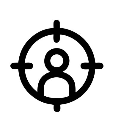 Hedef alanın içindeki bir kişinin basit bir siyah beyaz çizgi simgesi. Bu grafik müşteri odağı, izleyici segmentasyonu, kullanıcı hedefleme ve pazarlama stratejisini sembolize eder..