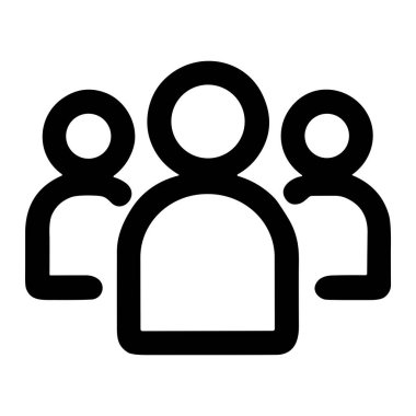 Üç stilize figürden oluşan bir grubu tasvir eden basit bir siyah taslak simgesi. Merkezi kişi daha büyüktür, liderliği, takımı ya da kullanıcı topluluğunu sembolize eder. Beyaz bir arkaplanda izole edilmiş.