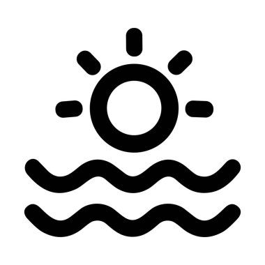 A clean and simple black and white graphic icon representing a sunrise or sunset. The design features a bold sun with rays positioned above two wavy lines symbolizing the sea or ocean.