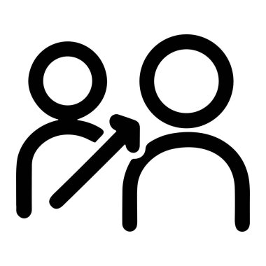 Beyaz arkaplandaki basit bir siyah çizgi simgesi birinden diğerine işaret eden, transferi, yönlendirmeyi veya delegasyonu sembolize eden bir ok ile iki figürü betimler..