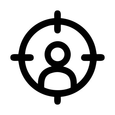 Müşteri odağı, hedef kitle segmentasyonu, kafa avcılığı ve hedef pazarlamayı temsil eden bir kişinin basit bir çizgi simgesi.