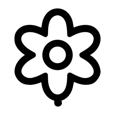 Bir çiçeğin minimalist siyah beyaz çizgi sanat simgesi. Bu basit grafik altı taç yaprağı, bir dairesel merkez, ve küçük bir gövde, web tasarımı, uygulamalar ve dekoratif elementler için mükemmeldir..
