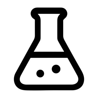 Erlenmeyer şişesini gösteren minimalist bir siyah beyaz vektör ikonu. Şişede baloncuklu bir sıvı var. Kimyasal reaksiyonu, deneyi ya da bilimsel araştırmayı simgeliyor..