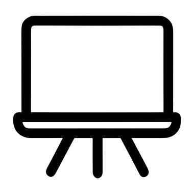 Beyaz arka planda izole edilmiş, üç bacaklı bir ayakta boş bir sunum tahtası veya beyaz tahta tasvir eden basit bir siyah beyaz çizgi sanat vektörü ikonu. İş ve eğitim kavramları için ideal.