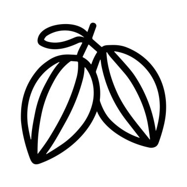Bir sapın üzerindeki iki kakao fasulyesinin minimalist vektör çizimi. Bu temiz, izole grafik sembol çikolata, yiyecek ve tatlılarla ilgili ambalaj, ambalaj veya tasarımlar için mükemmeldir..